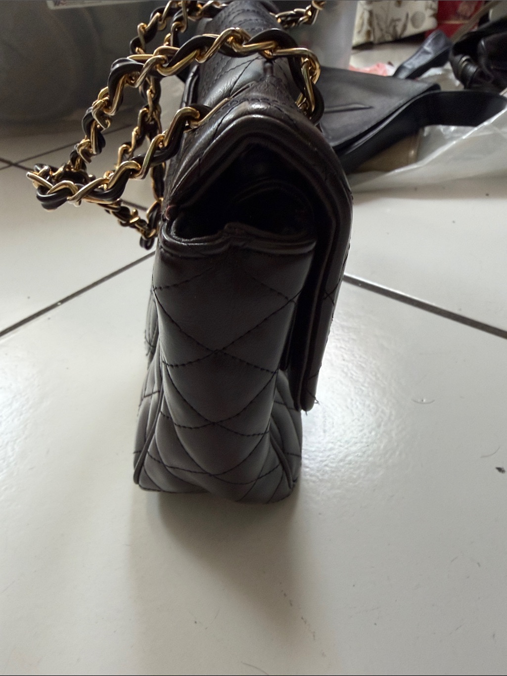 Quilted Shoulder Bag With Gold Chain Strap In Dark Brown — image 3 of 6